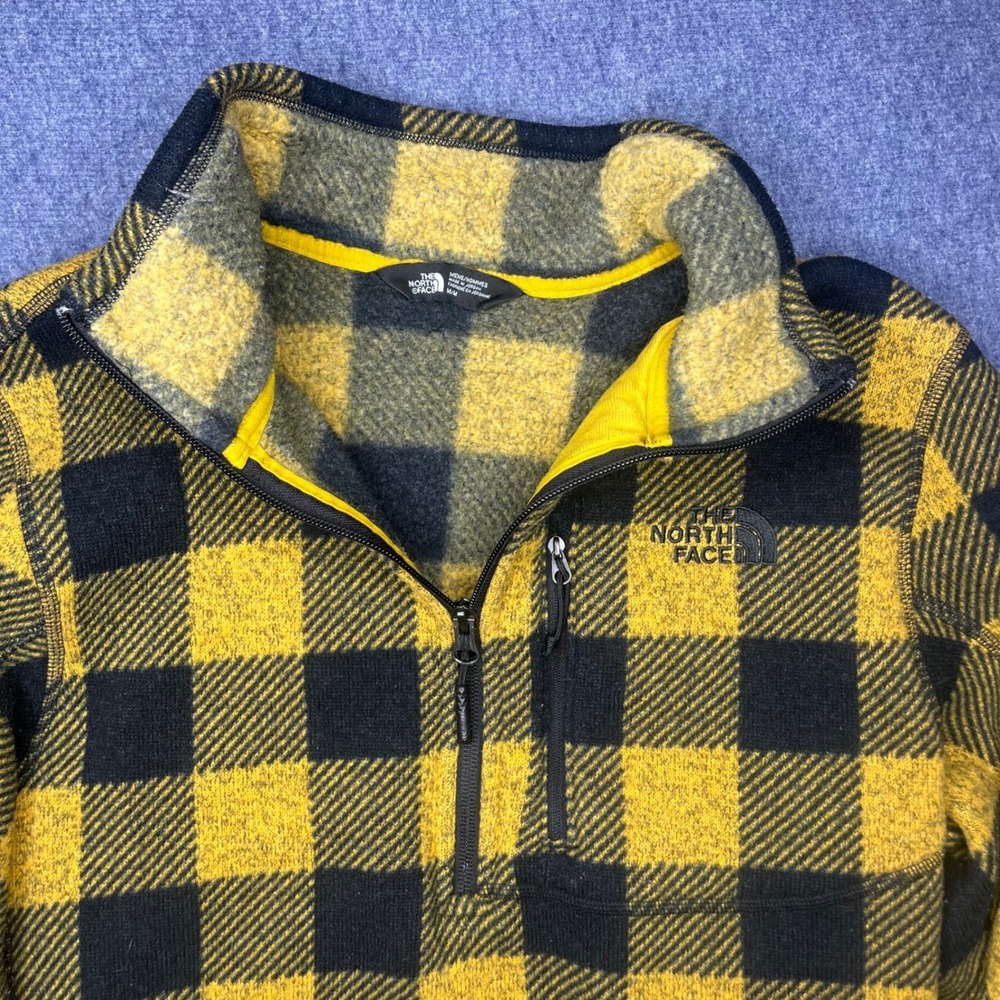 The North Face Mens Yellow Black Buffalo Plaid Quarter Zip Fleece Pullover M
